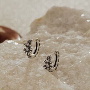Oxidized Sunflower Sterling Silver Huggie Earrings